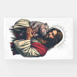 Jesus Holding a Baby Moo Deng Hippo  Banner