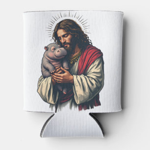 Jesus Holding a Baby Moo Deng Hippo Can Cooler