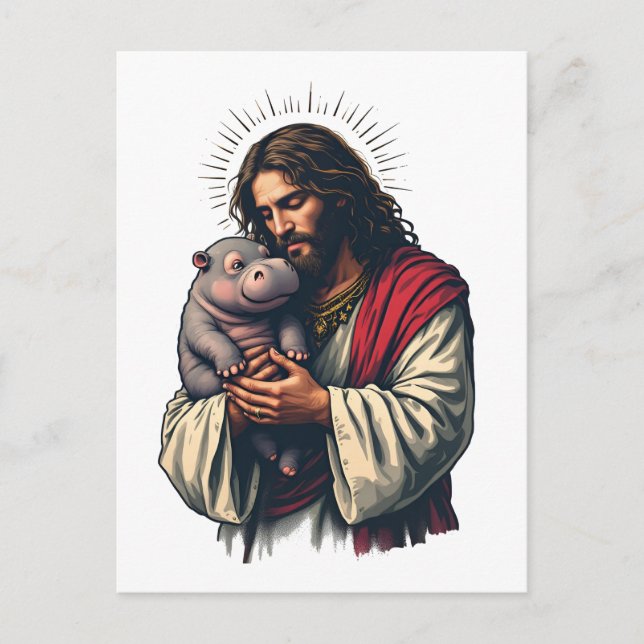 Jesus Holding a Baby Moo Deng Hippo  Postcard (Front)