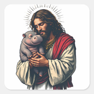 Jesus Holding a Baby Moo Deng Hippo Square Sticker