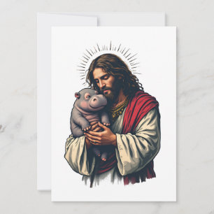 Jesus Holding a Baby Moo Deng Hippo Thank You Card