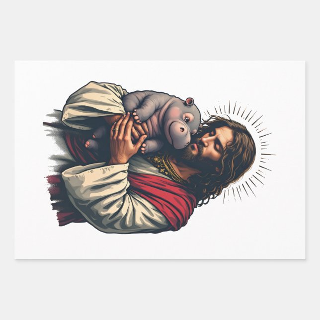 Jesus Holding a Baby Moo Deng Hippo  Wrapping Paper Sheet (Front)
