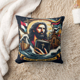 Jesus holding a bible amidst waves and symbols throw pillow