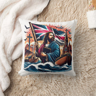 Jesus holding a flag amidst stormy seas throw pillow
