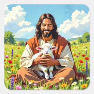 Jesus holding a Lamb   Religious Christian Square Sticker