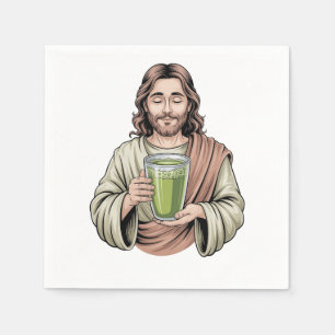 Jesus Holding a Matcha Green Drink Christian Napkin