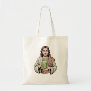 Jesus Holding a Matcha Green Drink Christian  Tote Bag