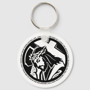 Jesus holding Cross with John 3:16 quote Keychain