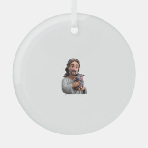 Jesus Holding Moo Deng_ Art Blending Whimsy Faith Glass Ornament