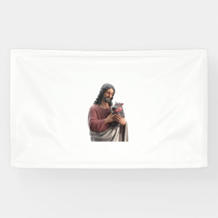 Jesus Holding Moo Deng the Pygmy Hippo Classic Art Banner