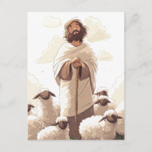 Jesus Holding Shepherd Staff Surrounded by Lambs Postcard
