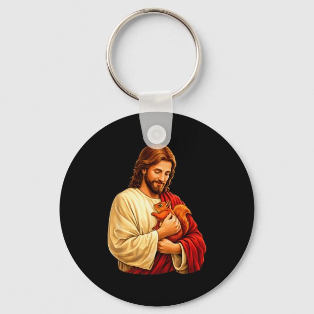 Jesus holding squirrel christian  keychain (Front)