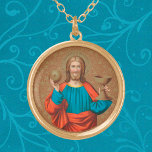 Jesus Holding Up the Eucharist (SNV 050) Gold Plated Necklace<br><div class="desc">In this roundel, Jesus is garbed in bright primary colours--a blue tunic with a yellow collar and red mantle. He holds up and out to His sides the Eucharist—the bread in his upraised right hand; the chalice of wine, in his left. The gesture is open, expansive, invitational. Jesus makes eye...</div>