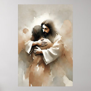 Jesus Hugging A Woman Inspirational Watercolor Poster