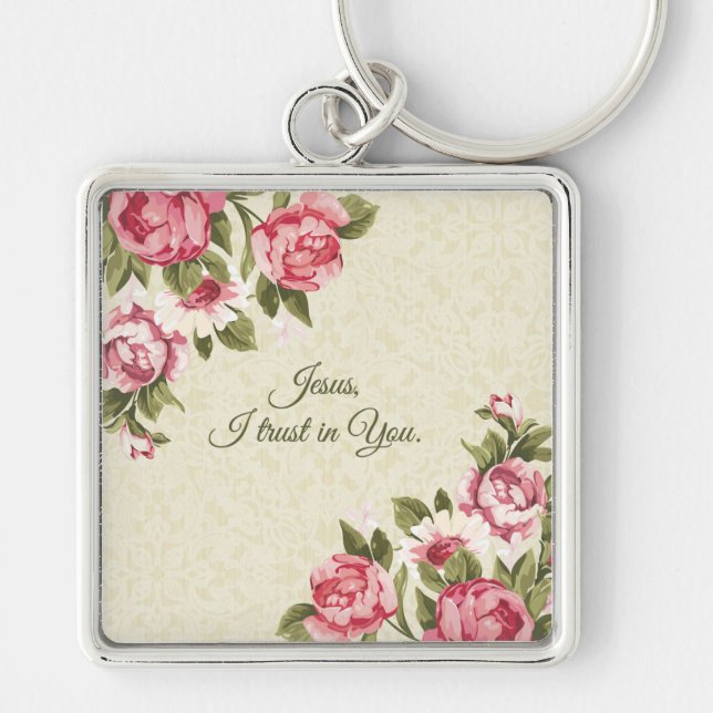 Jesus I trust in You with Pink Roses Keychain (Front)