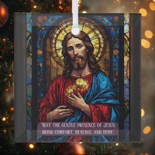 Jesus Icon of Healing Religious Christmas Quote  Glass Ornament