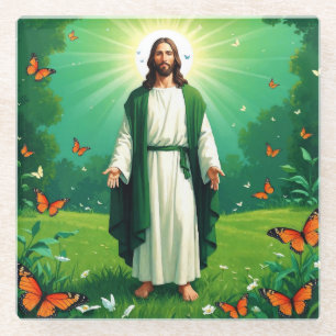 Jesus in a Garden Surrounded by Butterflies Glass Coaster