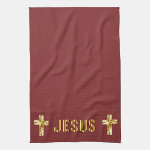 Jesus In Gold sur serviettes de cuisine bordeaux