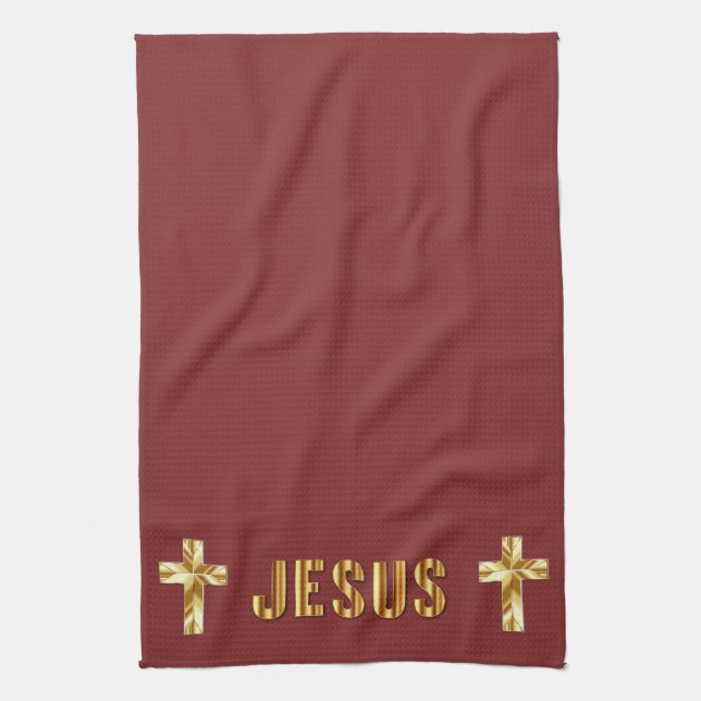 Jesus In Gold sur serviettes de cuisine bordeaux (Vertical)