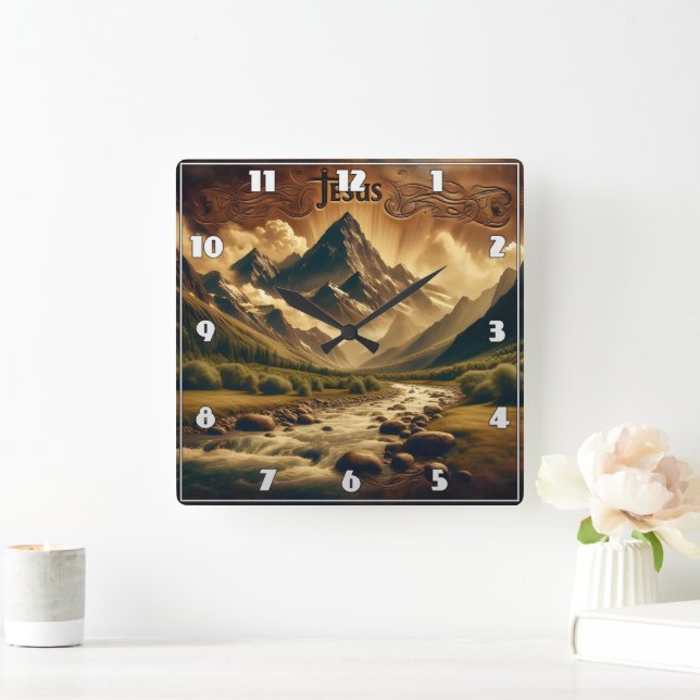 Jesus in Majestic Mountain Landscape With River Square Wall Clock (Home)
