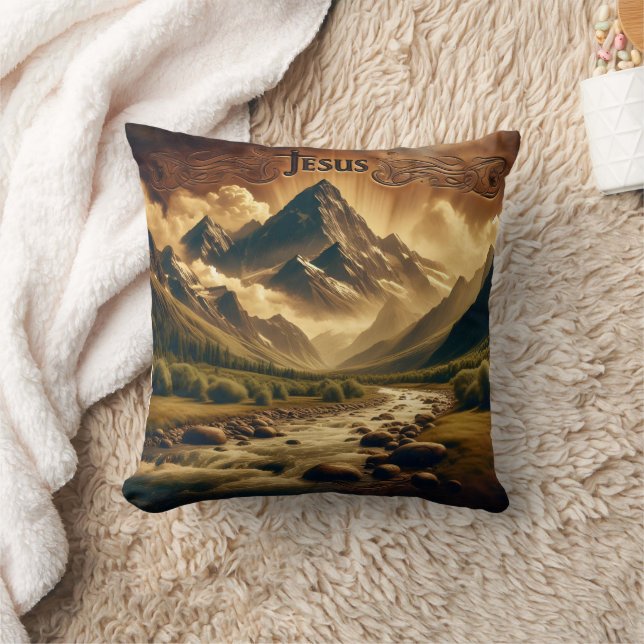 Jesus in Majestic Mountain Landscape With River Throw Pillow (Blanket)