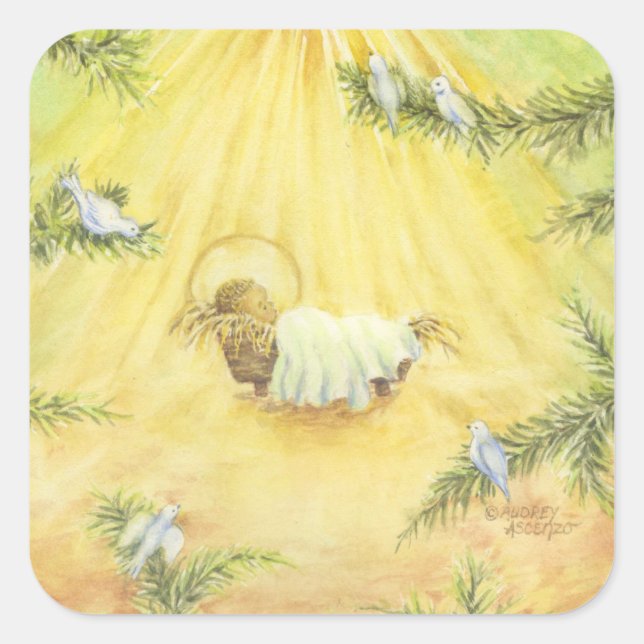 Jesus in Manger With Doves Christmas Stickers (Front)