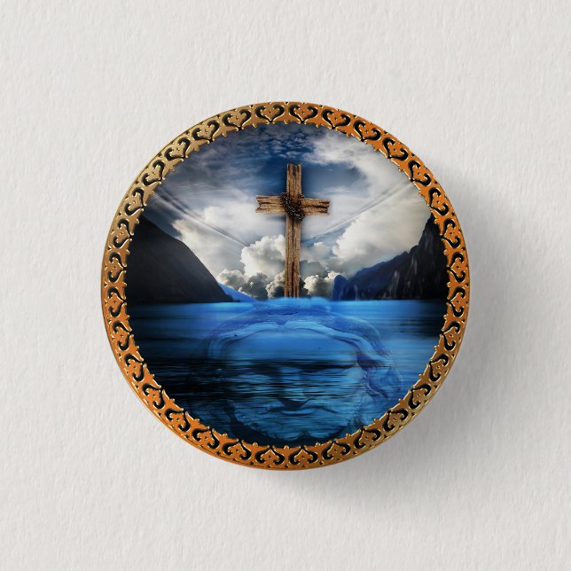 Jesus in the ocean with a wooded cross 1 inch round button (Front)