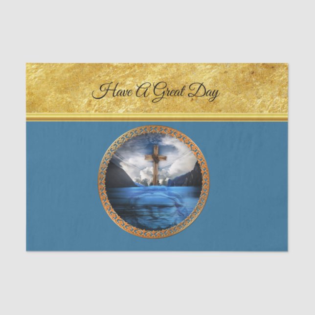 Jesus in the sea with a wood cross and gold foil tissue paper (Front)