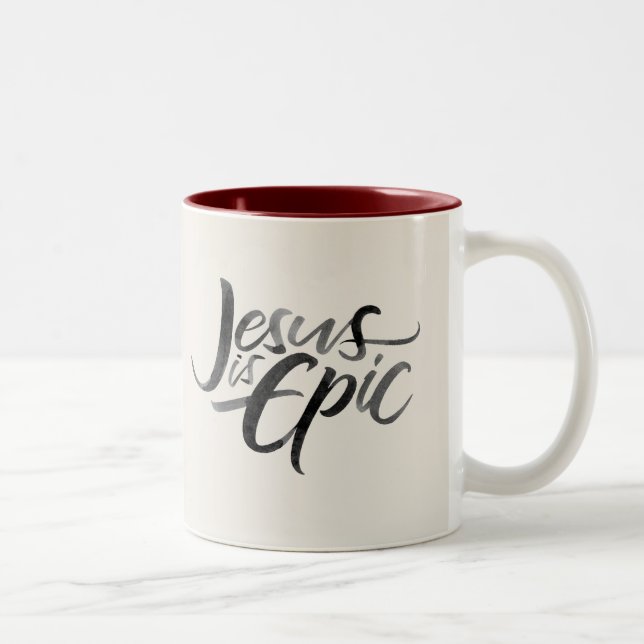 Jesus is Epic Ink Lettering Christian Calligraphy Two-Tone Coffee Mug (Right)