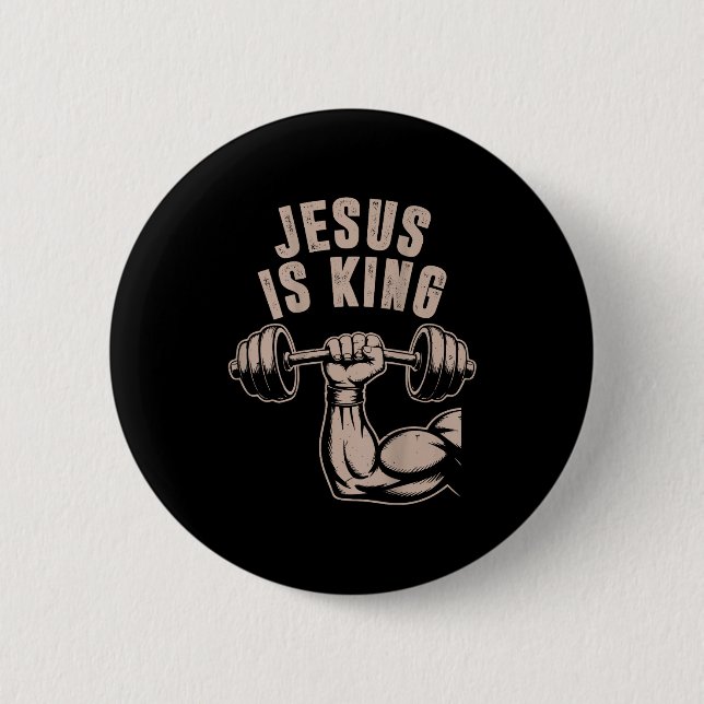 Jesus Is King Barbell Cross Funny Christian Workou 2 Inch Round Button (Front)