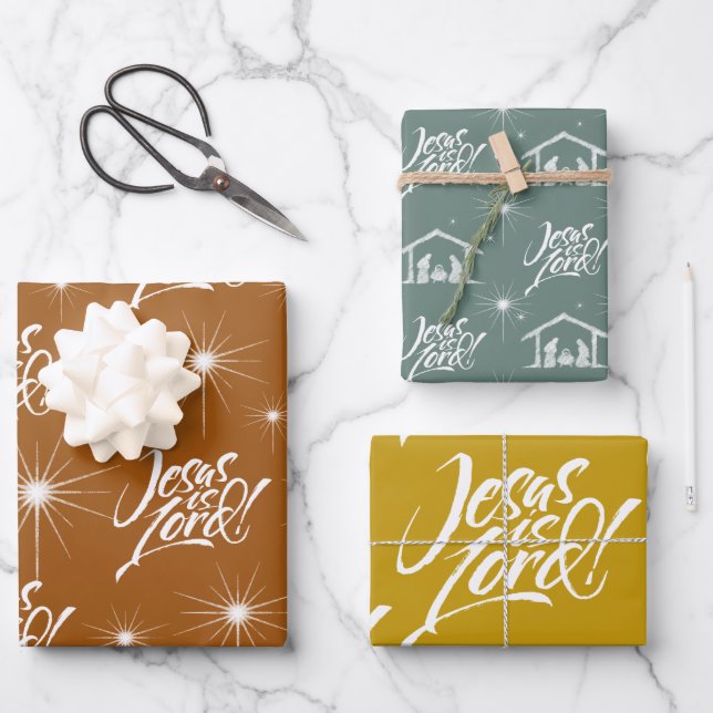 Jesus is Lord Christmas Christian Retro 70s Colour Wrapping Paper Sheet (Front)