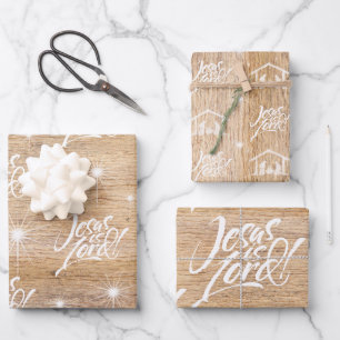 Jesus is Lord Christmas Christian Rustic Wood Wrapping Paper Sheet