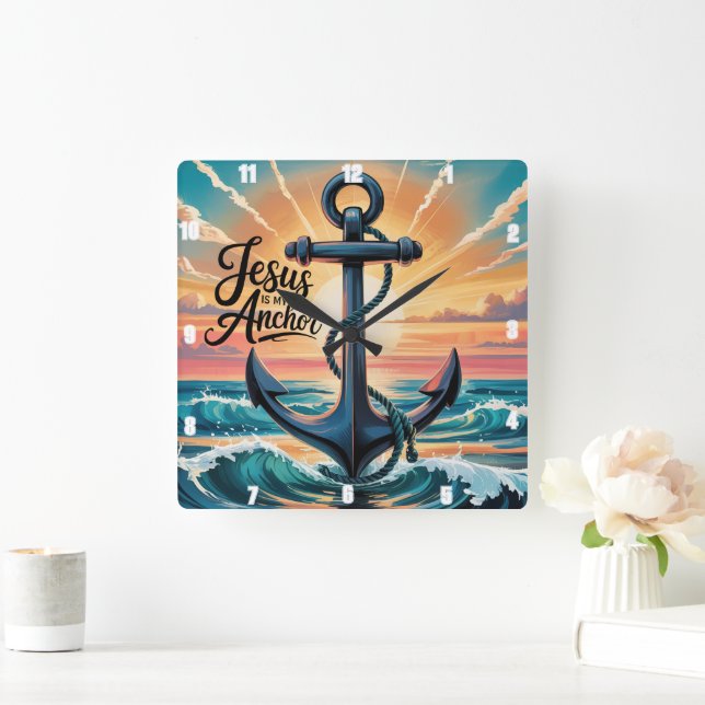 Jesus is My Anchor Waves Sunset Square Wall Clock (Home)