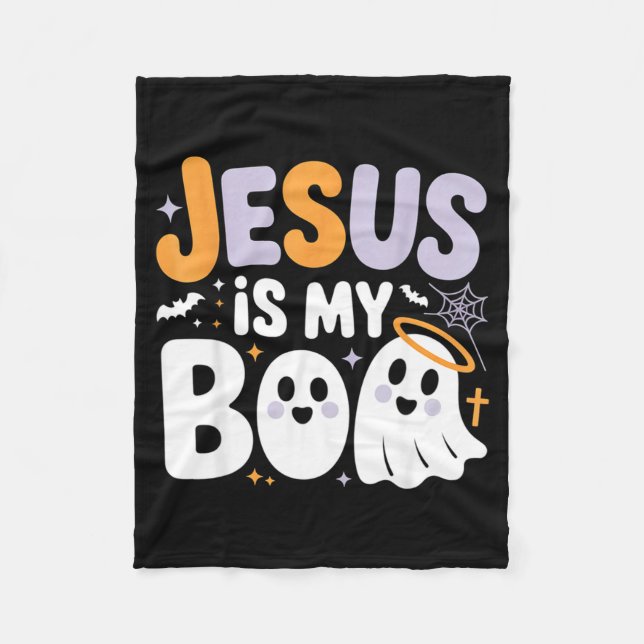 Jesus Is My Boo Cute Christian Halloween Ghost Fun Fleece Blanket (Front)