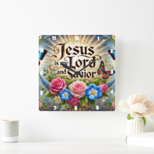 Jesus Is My Lord And Saviour Floral Butterflies Square Wall Clock