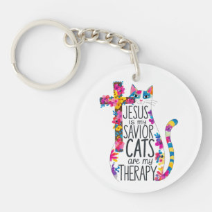 Jesus Is My Saviour Cats Are My Therapy Funny Keychain