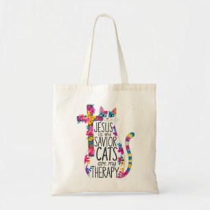 Jesus Is My Saviour Cats Are My Therapy Funny Tote Bag