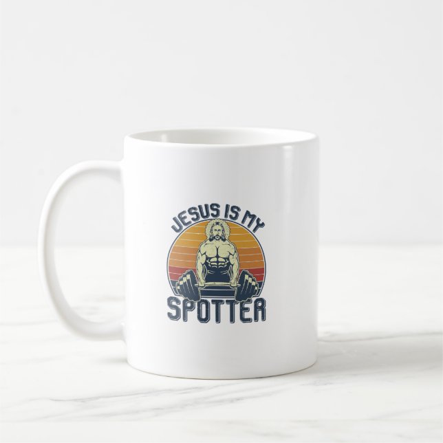 Jesus Is My Spotter Funny Christian Weightlifting Coffee Mug (Left)