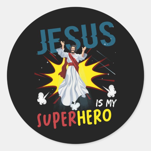 Jesus Is My Superhero Cute Powerful Christian Comi Classic Round Sticker (Front)