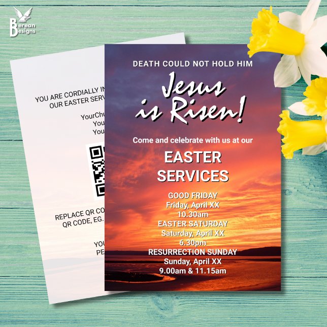 JESUS IS RISEN Custom CHURCH SERVICES Easter Invitation (JESUS IS RISEN Easter invitation for church services. All text customizable. Ideal for Christians.)