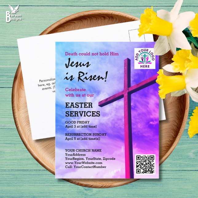 JESUS IS RISEN Logo QR Code Church Services EASTER Invitation Postcard (EASTER Postcard Invitation for your church services. Customizable text with logo and QR code)