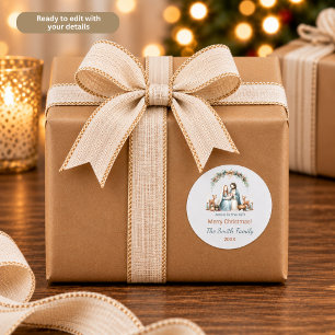 Jesus is the Gift Blue Nativity Scene Personalized Classic Round Sticker