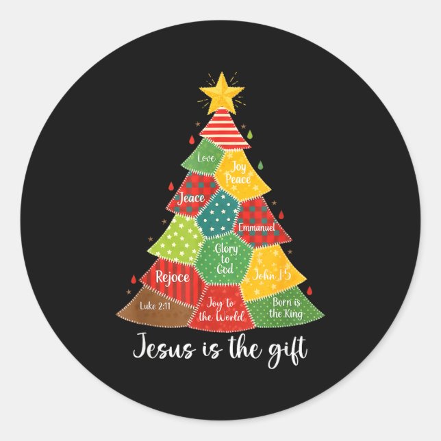 Jesus Is The Gift Christmas Tree Patchwork Scriptu Classic Round Sticker (Front)