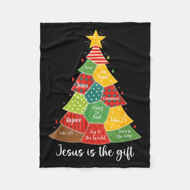 Jesus Is The Gift Christmas Tree Patchwork Scriptu Fleece Blanket (Front)