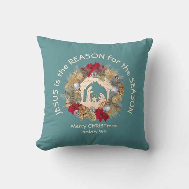 JESUS IS THE REASON Blue Christian Throw Pillow (Front)