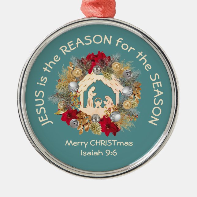 JESUS IS THE REASON Blue Christmas Metal Ornament (Front)