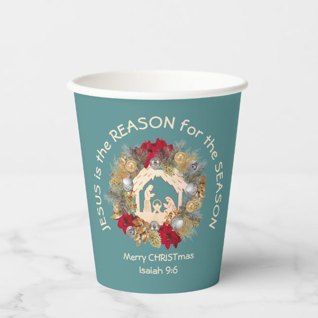 JESUS IS THE REASON Blue Christmas Nativity Paper Cups (Front)