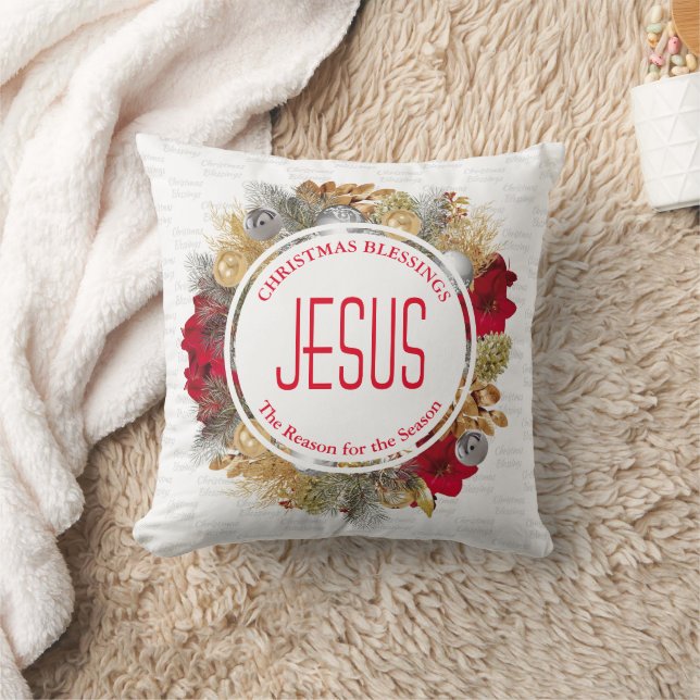 JESUS IS THE REASON Christmas Blessings Wreath Throw Pillow (Blanket)