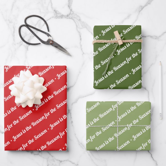 Jesus is the Reason for the Season Red Green Wrapping Paper Sheet (Front)