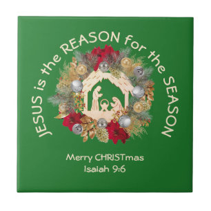 JESUS IS THE REASON Green Christian Christmas Tile